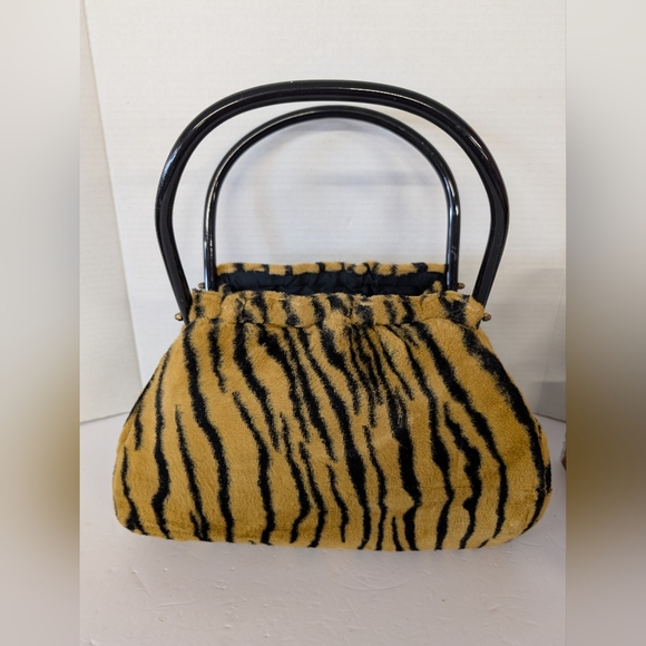 Vintage Handbags - Vintage Fabric Animal Print Bag 1960s MOD ERA Handbag Faux Fur Amazing Handles